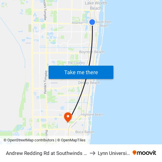 Andrew Redding Rd at Southwinds Dr to Lynn University map