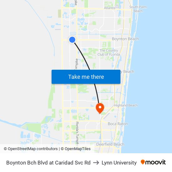 Boynton Bch Blvd at Caridad Svc Rd to Lynn University map