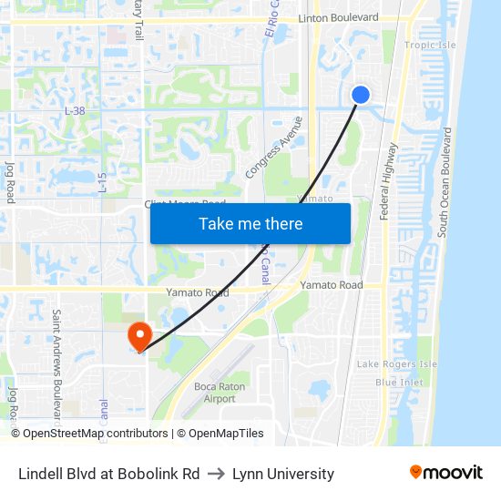 LINDELL BLVD at BOBOLINK RD to Lynn University map