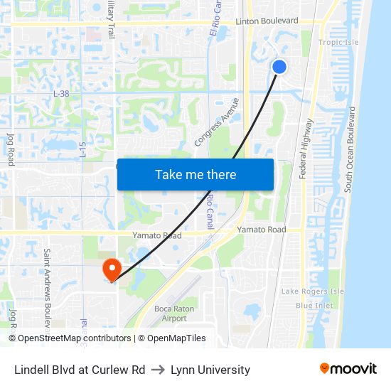 LINDELL BLVD at CURLEW RD to Lynn University map