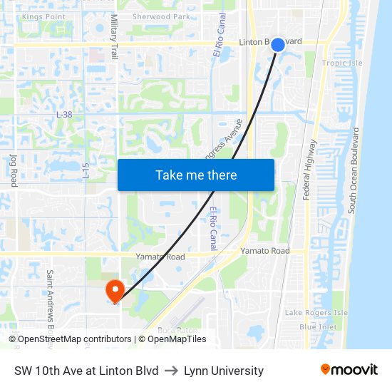 SW 10th Ave at Linton Blvd to Lynn University map