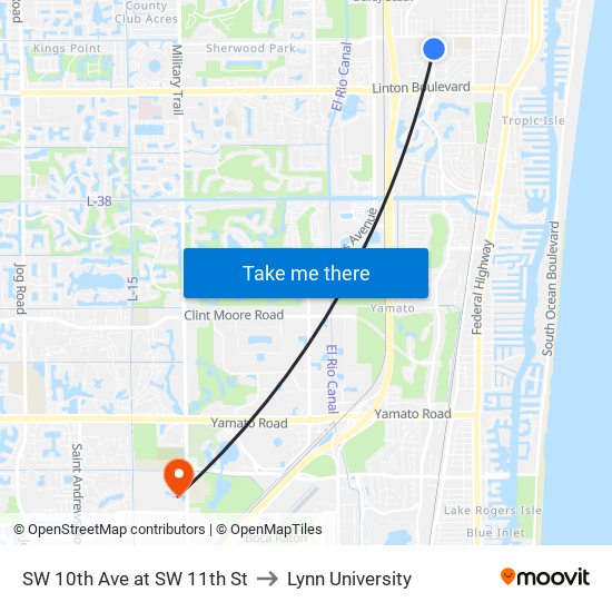 SW 10th Ave at SW 11th St to Lynn University map