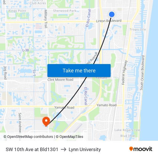 SW 10th Ave at Bld1301 to Lynn University map