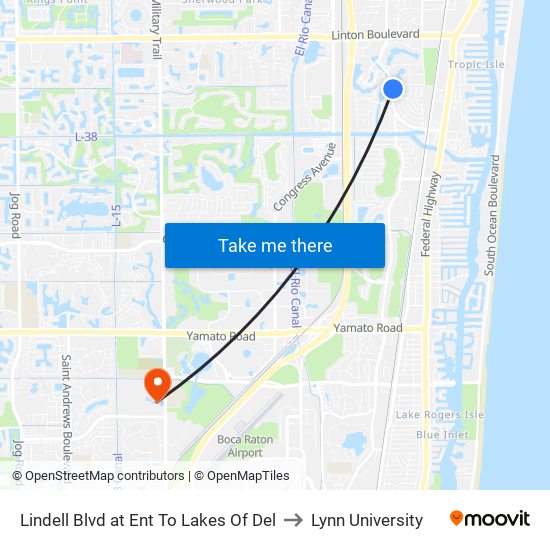 Lindell Blvd at Ent To Lakes Of Del to Lynn University map