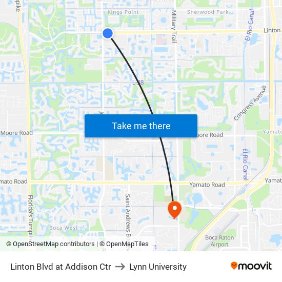 Linton Blvd at Addison Ctr to Lynn University map