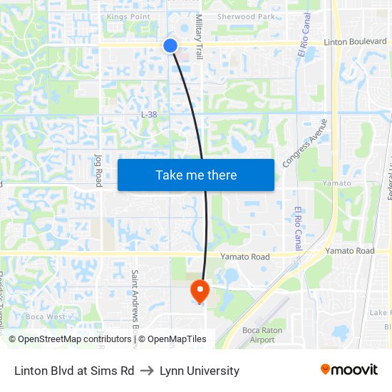 Linton Blvd at Sims Rd to Lynn University map
