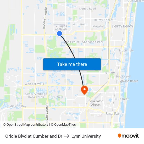 Oriole Blvd at Cumberland Dr to Lynn University map