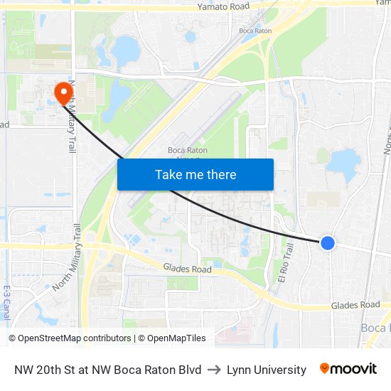 NW 20th St at NW  Boca Raton Blvd to Lynn University map