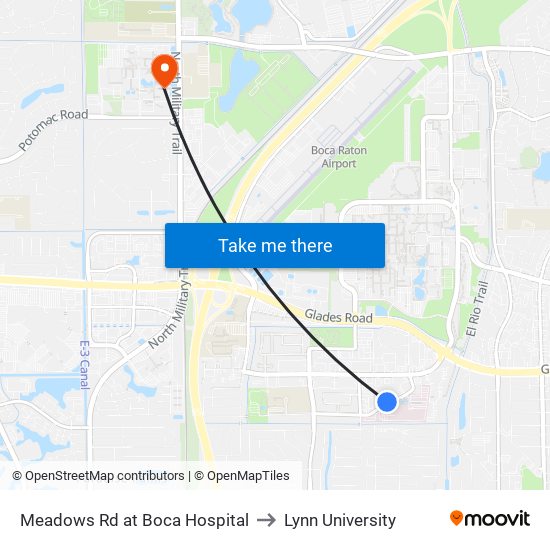 Meadows Rd at Boca Hospital to Lynn University map