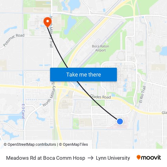 Meadows Rd at Boca Comm Hosp to Lynn University map