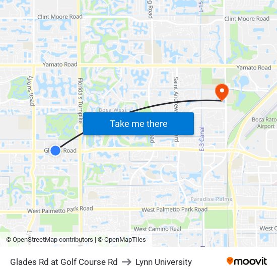 Glades Rd at Golf Course Rd to Lynn University map