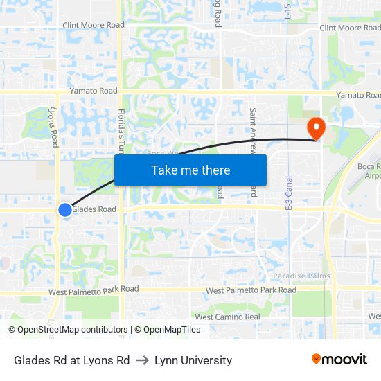 Glades Rd at Lyons Rd to Lynn University map