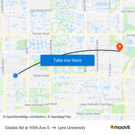 GLADES RD at 95TH AVE S to Lynn University map