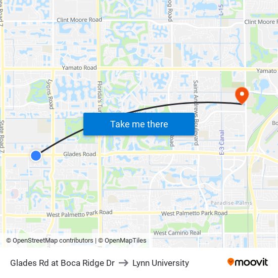 Glades Rd at Boca Ridge Dr to Lynn University map