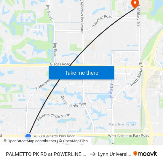 PALMETTO PK RD at  POWERLINE RD to Lynn University map
