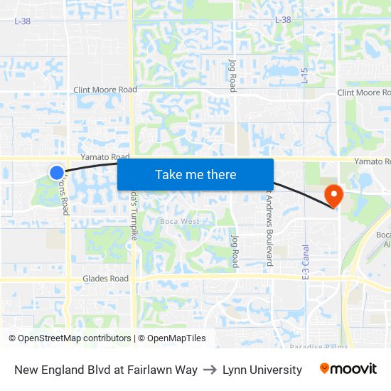 New England Blvd at Fairlawn Way to Lynn University map