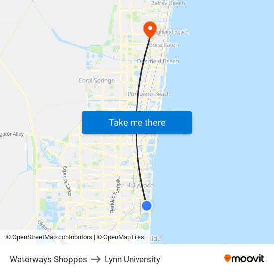 Waterways Shoppes to Lynn University map