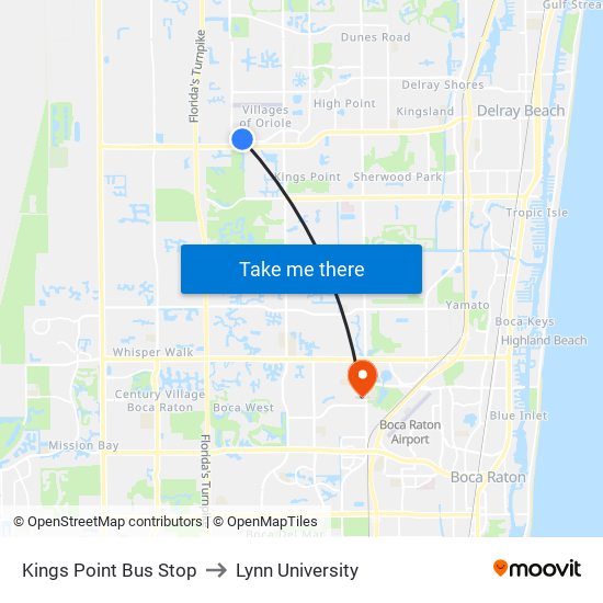 Kings Point Bus Stop to Lynn University map