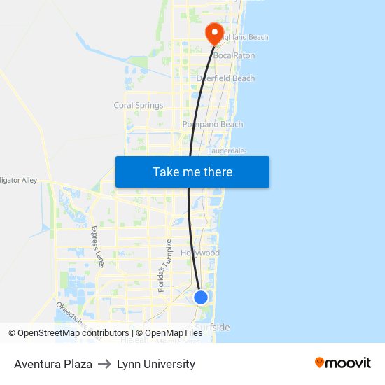 Aventura Plaza to Lynn University map