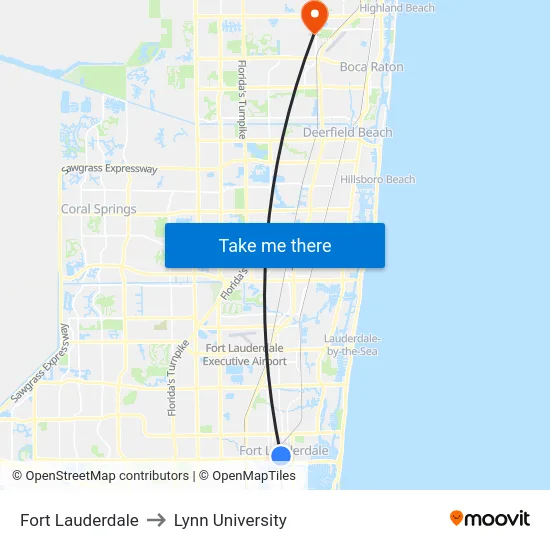 Fort Lauderdale to Lynn University map