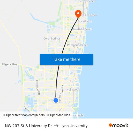 NW 207 St & University Dr to Lynn University map