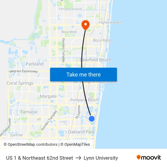 US 1 & Northeast 62nd Street to Lynn University map