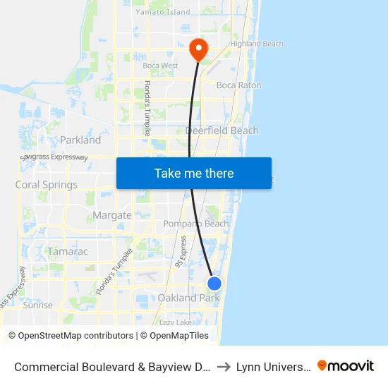 Commercial Boulevard & Bayview Drive to Lynn University map