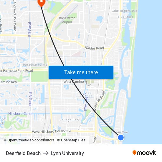 Deerfield Beach to Lynn University map