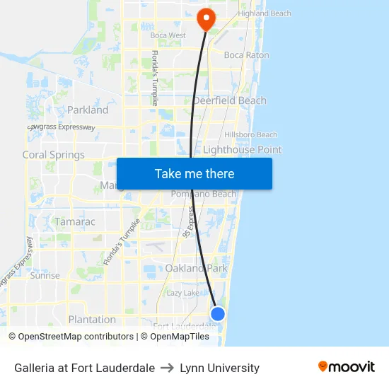 Galleria at Fort Lauderdale to Lynn University map