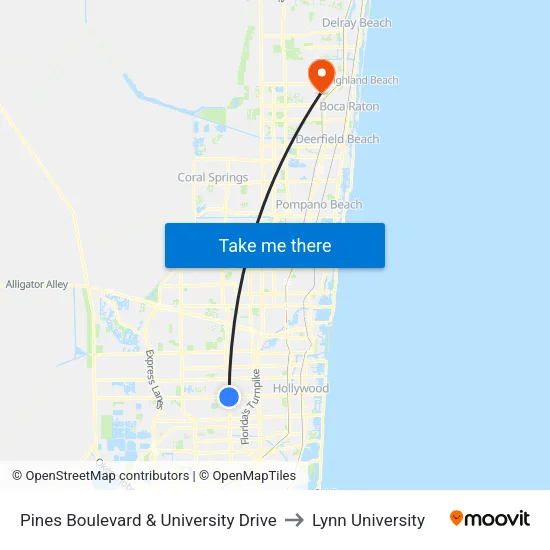 Pines Boulevard & University Drive to Lynn University map