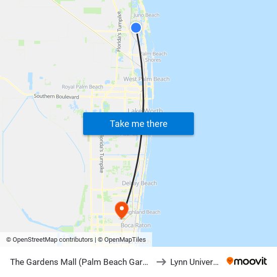 The Gardens Mall (Palm Beach Gardens) to Lynn University map