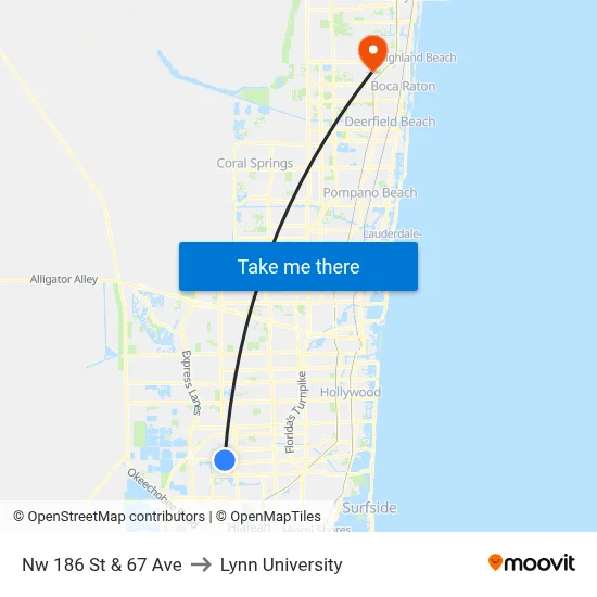 Nw 186 St & 67 Ave to Lynn University map