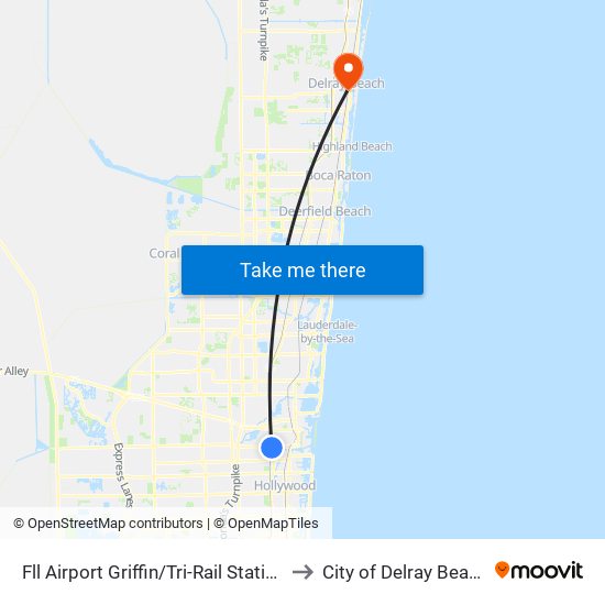 FLL Airport Griffin/Tri-Rail Station to City of Delray Beach map