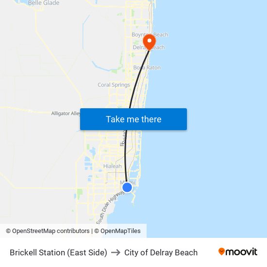 Brickell Station (East Side) to City of Delray Beach map