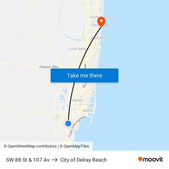 SW 88 St & 107 Av to City of Delray Beach map