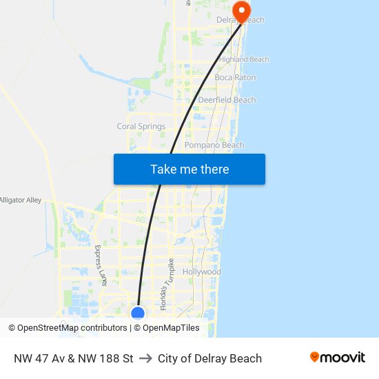 NW 47 Av & NW 188 St to City of Delray Beach map