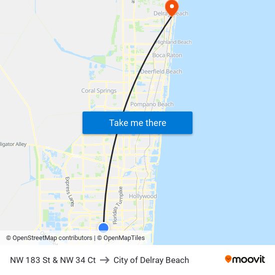 NW 183 St & NW 34 Ct to City of Delray Beach map