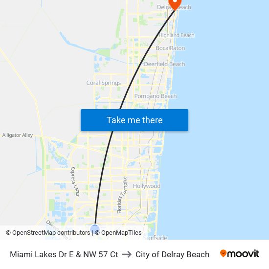 Miami Lakes Dr E & NW 57 Ct to City of Delray Beach map