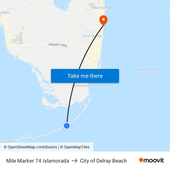 Mile Marker 74 Islamorada to City of Delray Beach map