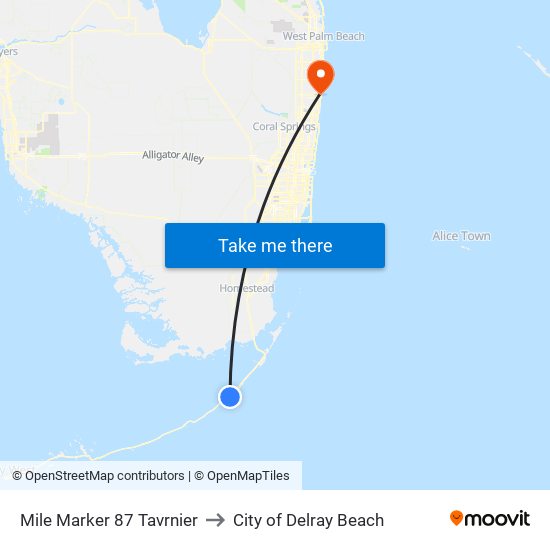 Mile Marker 87 Tavrnier to City of Delray Beach map