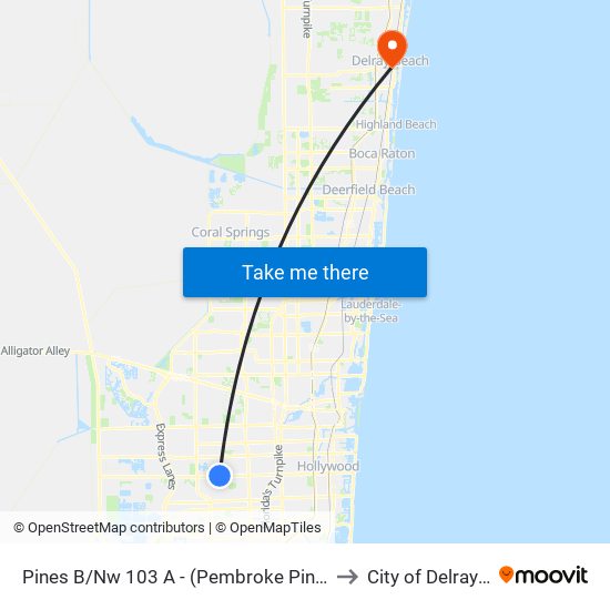 Pines B/Nw 103 A - (Pembroke Pines City Center) to City of Delray Beach map