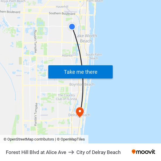 Forest Hill Blvd at Alice Ave to City of Delray Beach map