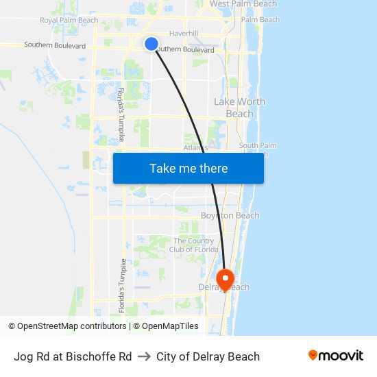 Jog Rd at Bischoffe Rd to City of Delray Beach map