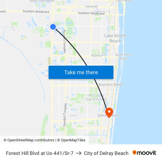 Forest Hill Blvd at  Us-441/Sr-7 to City of Delray Beach map