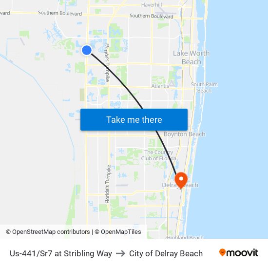 Us-441/Sr7 at Stribling Way to City of Delray Beach map