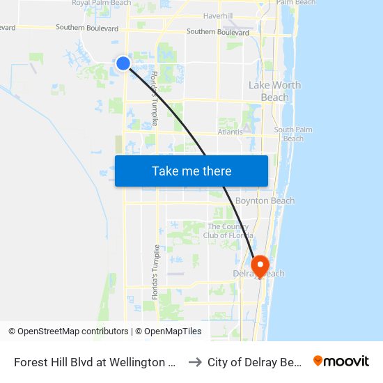 Forest Hill Blvd at Wellington Med to City of Delray Beach map