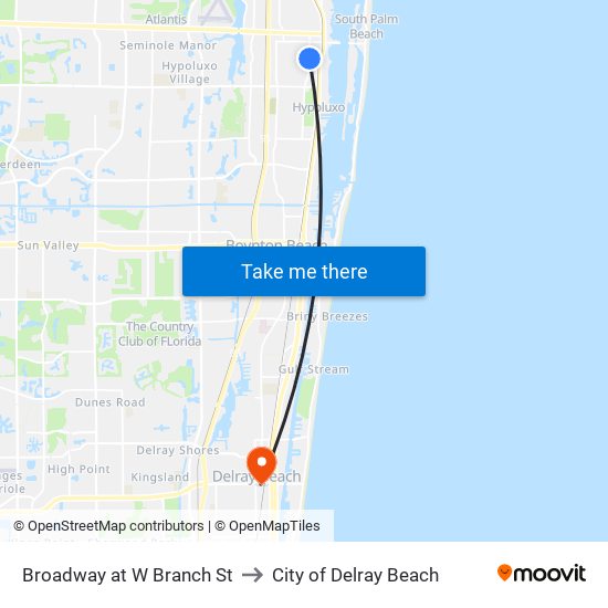 Broadway at W Branch St to City of Delray Beach map