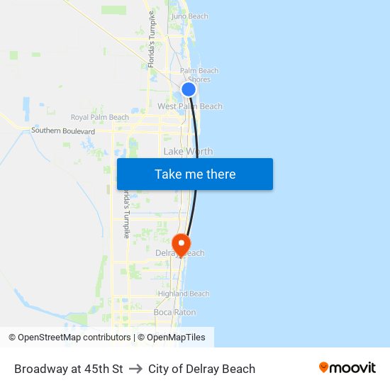 Broadway at 45th St to City of Delray Beach map