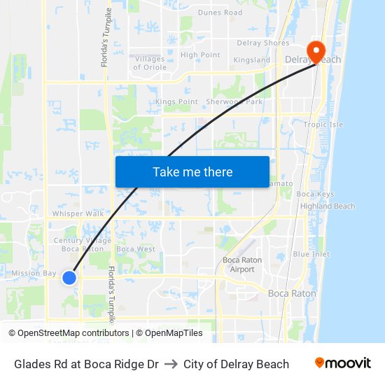 Glades Rd at Boca Ridge Dr to City of Delray Beach map