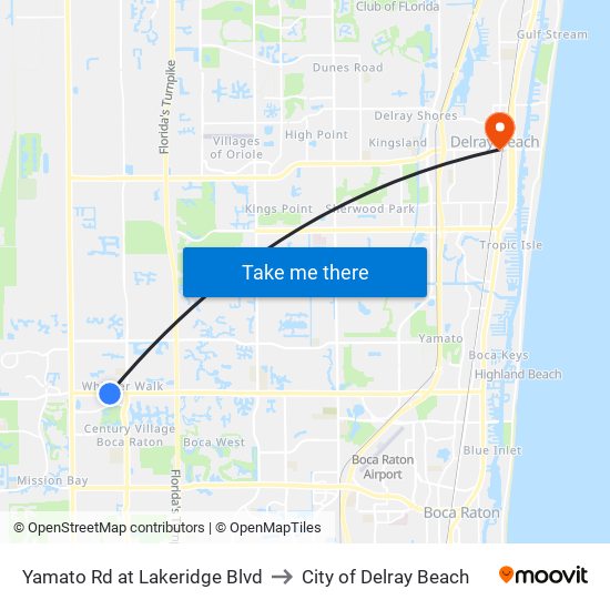 Yamato Rd at Lakeridge Blvd to City of Delray Beach map